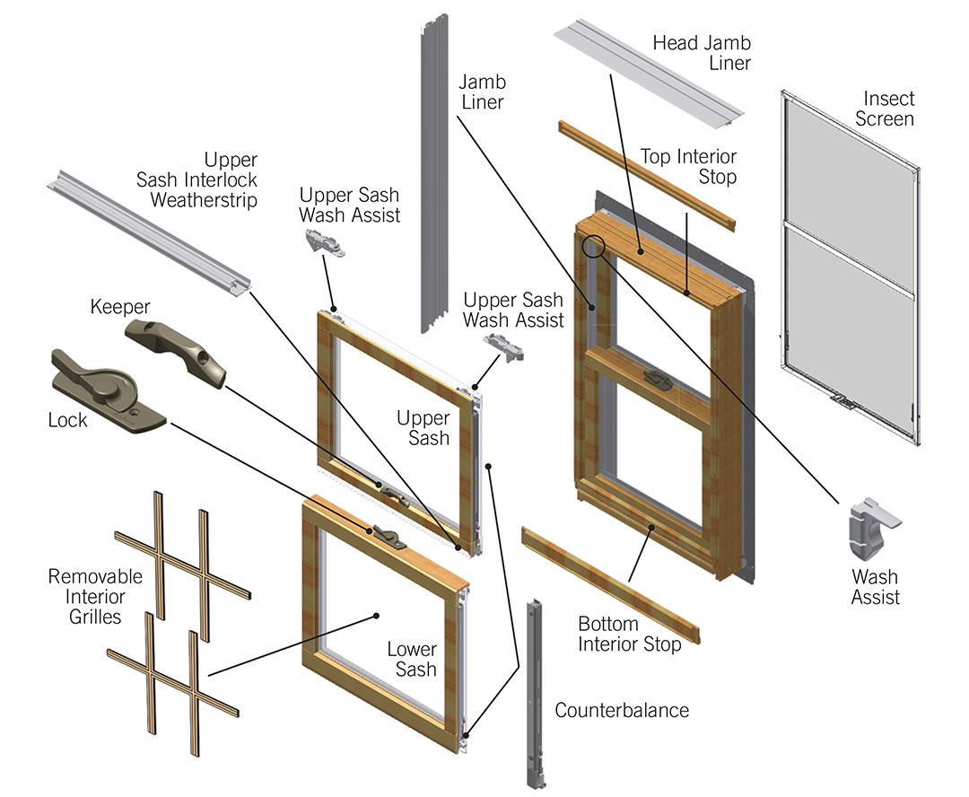 400 Series Woodwright® Double-Hung Window Exploded View and Identifying ...