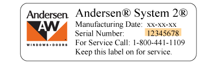 Andersen window product label showing series, manufacturing date, and serial number for service use.