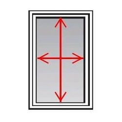 Illustration of a rectangular window with red arrows pointing up, down, left, and right, indicating horizontal and vertical dimensions or movement.