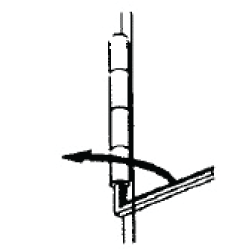 Side‑view diagram of a hinge with a hex key inserted into the vertical adjustment screw, and a curved arrow indicating to turn counterclockwise.