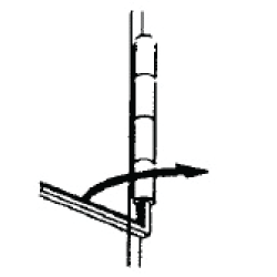 Side‑view diagram of a hinge with a hex key inserted into the vertical adjustment screw, and a curved arrow indicating to turn clockwise.