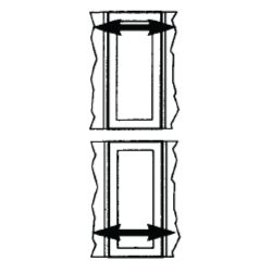 Diagram showing two door frames. In the top diagram indicates side‑to‑side adjustments for top hinges using a horizontal arrow. The bottom diagram diagram indicates side‑to‑side adjustments for top hinges using a horizontal arrow.