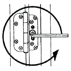 Close‑up diagram of an adjustable hinge with a hex key turning the position fixing screw counterclockwise, signified by a circular, directional arrow.