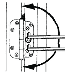 Close-up diagram of an adjustable hinge with two hex keys inserted into the horizontal adjusting screws with curved arrows indicating either turn counterclockwise or clockwise.