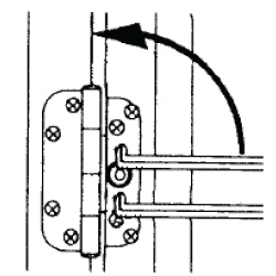 Close-up diagram of an adjustable hinge with two hex keys inserted into the horizontal adjusting screws with a curved arrow indicating to turn counterclockwise.
