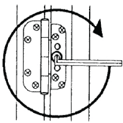 Close‑up diagram of an adjustable hinge with a hex key turning the position fixing screw clockwise, signified by a circular, directional arrow.
