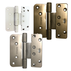 Four Andersen door hinges shown in different finishes, arranged to display hinge style and mounting holes.
