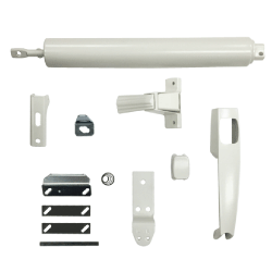 White door closer kit laid out on a white background, showing a long cylindrical actuator, multiple mounting brackets, plates, screws, and hardware components arranged separately.