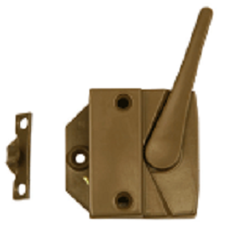 Gold metal-looking lock mechanism with a pivoting lever and two screw holes, shown with a separate matching keeper on a white background.