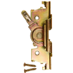 Gold-toned metal lock with a central rotating mechanism, vertical mounting plate with screw holes, alongside three loose screws on a white background.