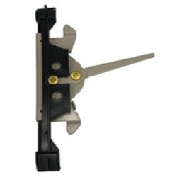 Black metal door or window lock assembly with a central pivoting lever, side mounting points, and visible screws set against a white background.