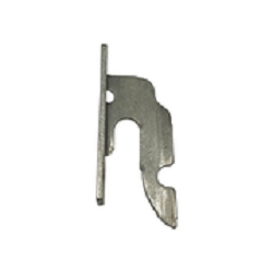 Flat, gray metal lock keeper piece with a hooked end and a small mounting tab with a hole, shown on a white background.