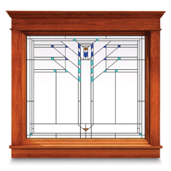 Decorative art glass window with wood frame and geometric grille pattern centered in sash
