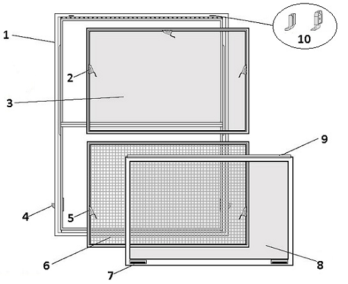 Architectural drawing of a double-hung combination unit with numbers 1 through 10 pointing at specific parts to identify them with the key next to the image.