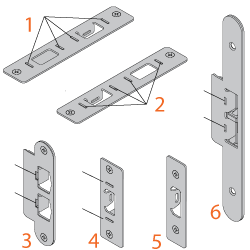 Patio door receivers labeled one through six with arrows pointing to adjustable tab locations.