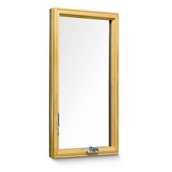 Single narrow, wood-framed casement window with a clear glass pane and a handle at the bottom.