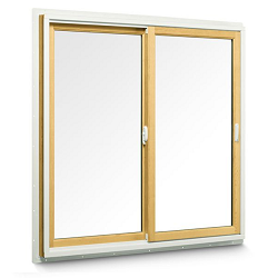 Gliding window unit with wood frames and two large clear glass panels, with a vertical handle and lock mechanism on the right-hand panel..