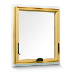 Wood-framed awning window with a single clear glass pane, featuring side latches and a bottom handle, set against a neutral background.