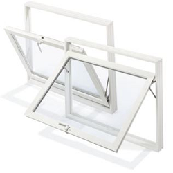 Two white-framed window units with clear glass panels; one is opening from the top of the window and the other is opening from the bottom of the window frame.
