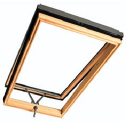 Wood-framed skylight window shown partially open, with a hinged top and clear glass pane.