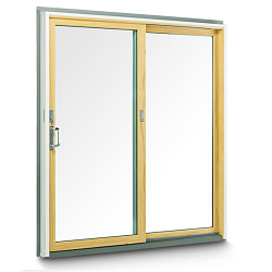 Light wood gliding patio door with glass panels.