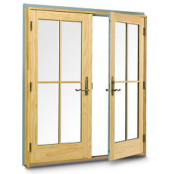 Light wood double French patio door with glass panels; one door is closed and the other slightly open.
