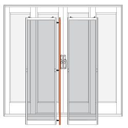 Illustration of two gliding insect screen panels meeting at the center of a four-panel patio door, highlighting the astragal connection.