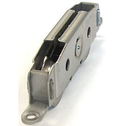 Close-up of a stainless steel gliding patio door roller with a narrow rectangular body and mounting hole at one end.