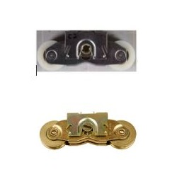 Image of two rollers: Top image-Close-up of a dual-wheel metal roller assembly with dark metal body and white rollers; bottom image-Close-up of a metal roller assembly with two brass-colored wheels mounted on either side of a central metal bracket.