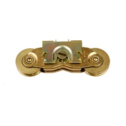 Close-up of a dual-wheel metal roller assembly with two brass-colored wheels mounted on either side of a central metal bracket. The hardware component is shown against a plain white background.