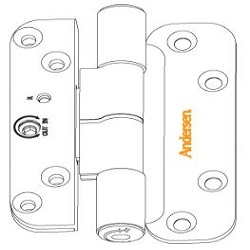 The metal hinge has two rectangular leaves with rounded corners, multiple screw holes, a central hinge barrel, and the Andersen logo printed on one leaf.