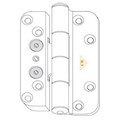 The metal hinge has two rectangular leaves with rounded corners, multiple screw holes, a central hinge barrel, and the AW logo printed on one leaf.