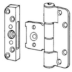 Close-up of a patio door hinge assembly showing a hinge and matching receiver component with mounting holes and adjustment screws.
