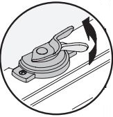 Black and white illustration showing an Andersen window lock with an arrow indicating the lock should rotate away from you.