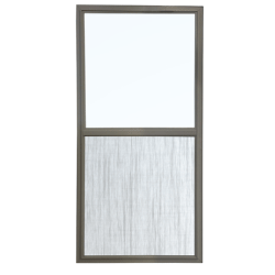 An image of a double-hung storm and insect screen combination unit with a grey frame and insect screen on the lower windowpane.